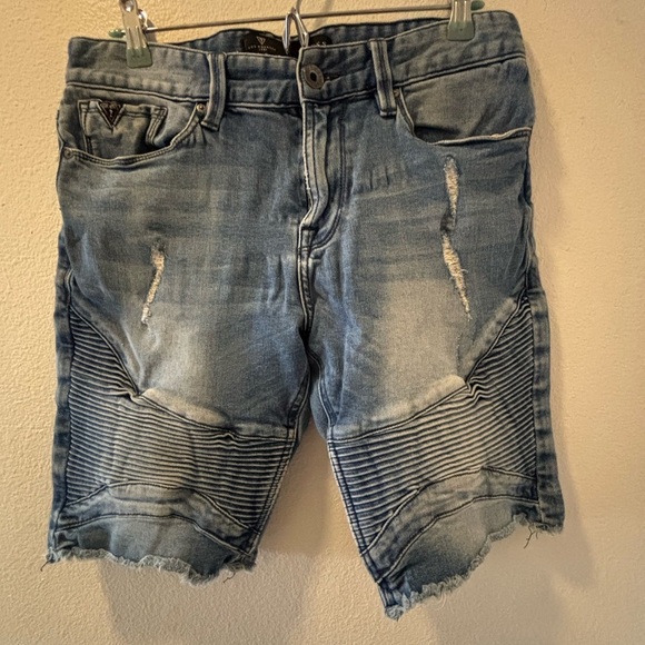 Guess Blue Distressed Jean Shorts with Moto Style - Picture 2 of 7